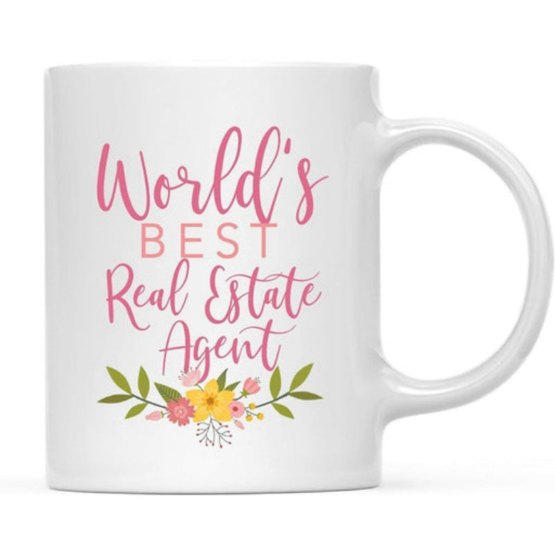 Tailorly White Ceramic 11 oz Mug - World's Best Real Estate Agent Delicate Pink And Yellow Flowers With Elegant Green Leaves At Bottom Mug