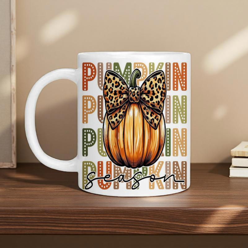 Tailorly White Ceramic 11 oz Mug - Pumpkin Season Vibrant Autumn Harvest Design Featuring Leopard Print Bow And Dots Pumpkin