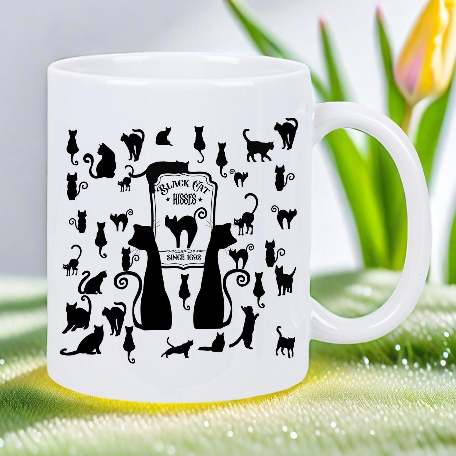 Tailorly White Ceramic 11 oz Mug - Black Cat Inn Since 1692 Numerous Black Silhouettes Of Playful Felines Scattered Around A Vintage Central Badge Cat