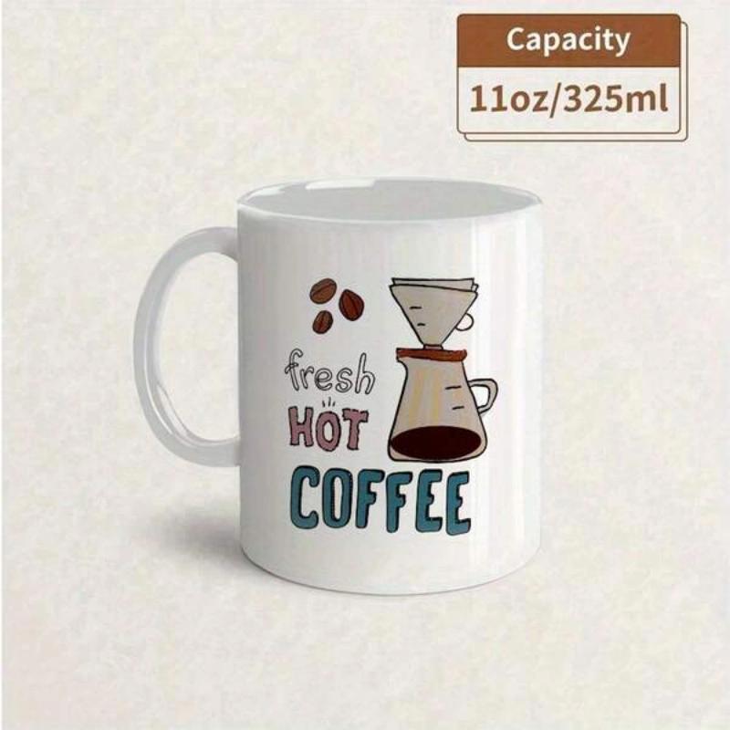 Tailorly White Ceramic 11 oz Mug - Fresh Hot Coffee Hand Drawn Pour Over Setup With Aromatic Roasted Beans Pot