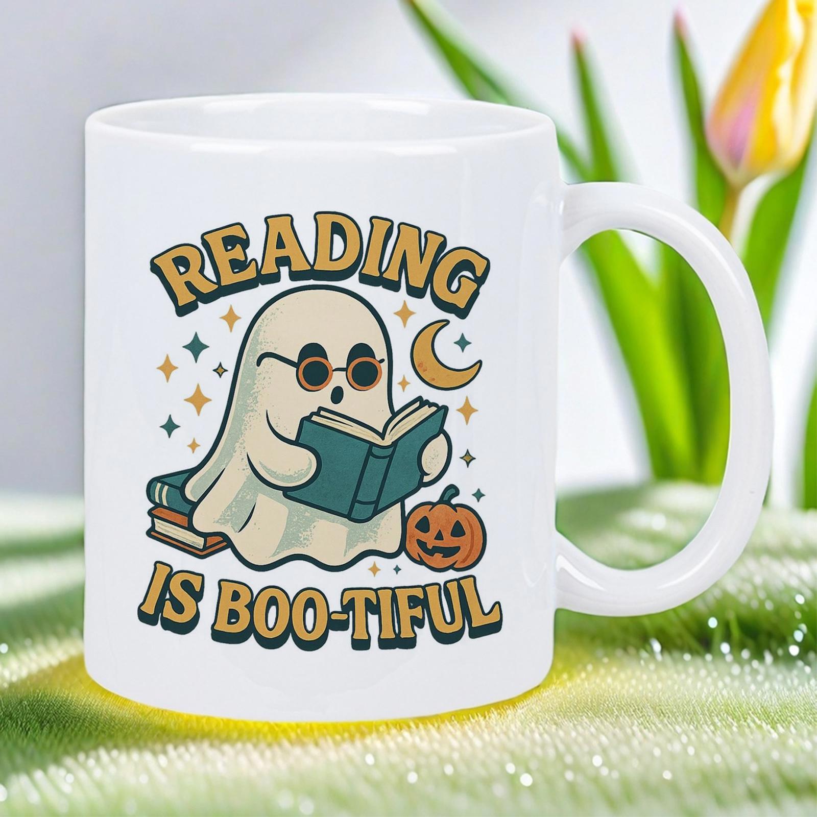 Tailorly White Ceramic 11 oz Mug - Reading Is Bootiful Cute Cartoon Figure Studying Books Beside Autumnal Harvest Ghost