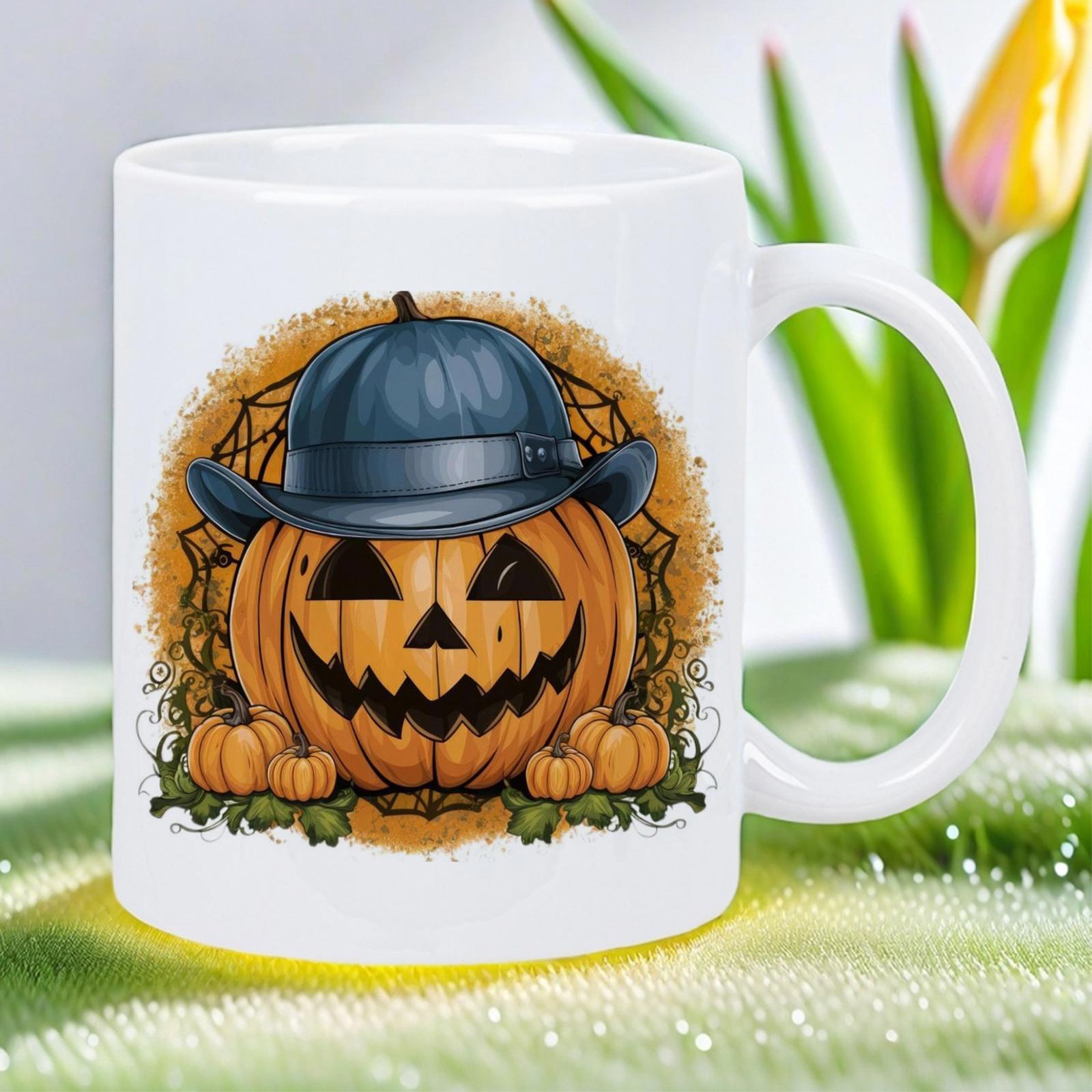 Tailorly White Ceramic 11 oz Mug - Festive Halloween Jack O Lantern Wearing A Blue Detective Hat Pumpkin