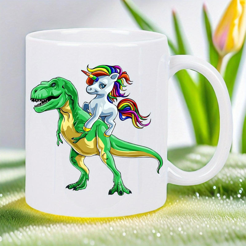 Tailorly White Ceramic 11 oz Mug - Magical Rainbow Unicorn Riding On A Friendly Green Ancient Prehistoric Dinosaur