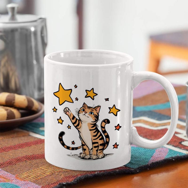 Tailorly White Ceramic 11 oz Mug - Adorable Striped Tabby Kitten Reaching For Golden Shining Stars In Sky Cat