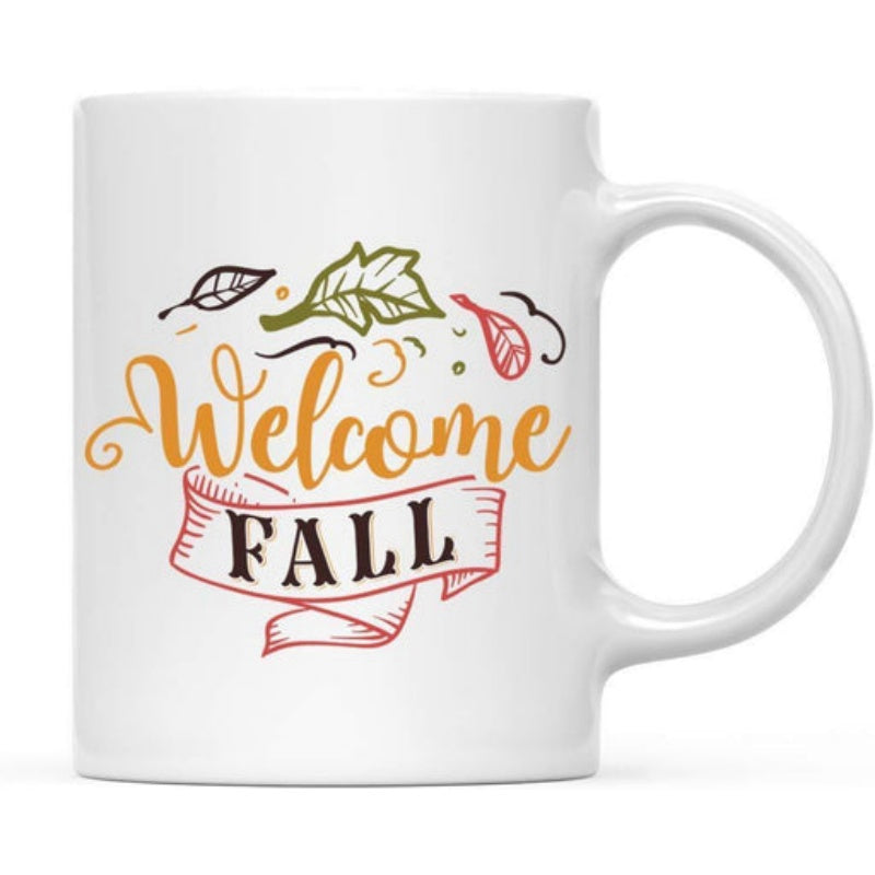Tailorly White Ceramic 11 oz Mug - Welcome Fall Colorful Autumn Leaves Floating Above A Decorative Ribbon Banner Mug
