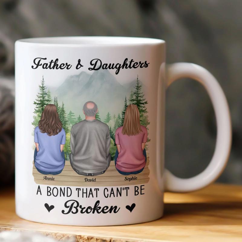 Tailorly White Ceramic 11 oz Mug - Father Daughters A Bond That Cant Be Broken Three People Sitting On Wooden Pier Overlooking Misty Mountains Forest Family