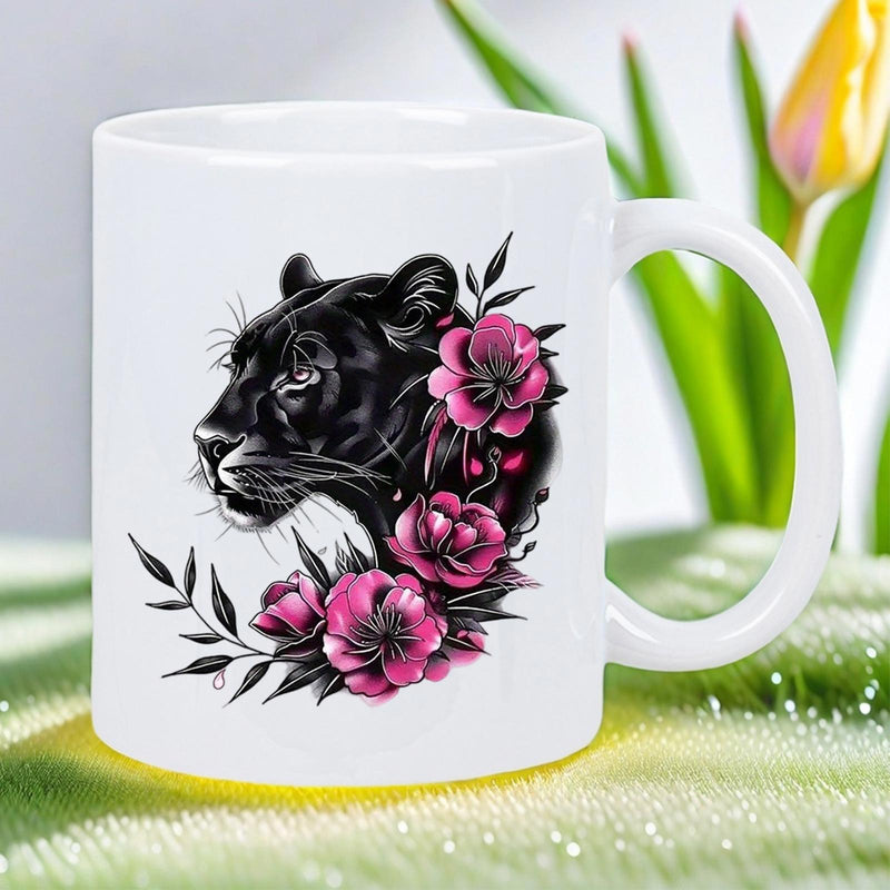 Tailorly White Ceramic 11 oz Mug - Majestic Dark Panther Profile Surrounded By Vibrant Pink Flowers And Artistic Leaves Panther