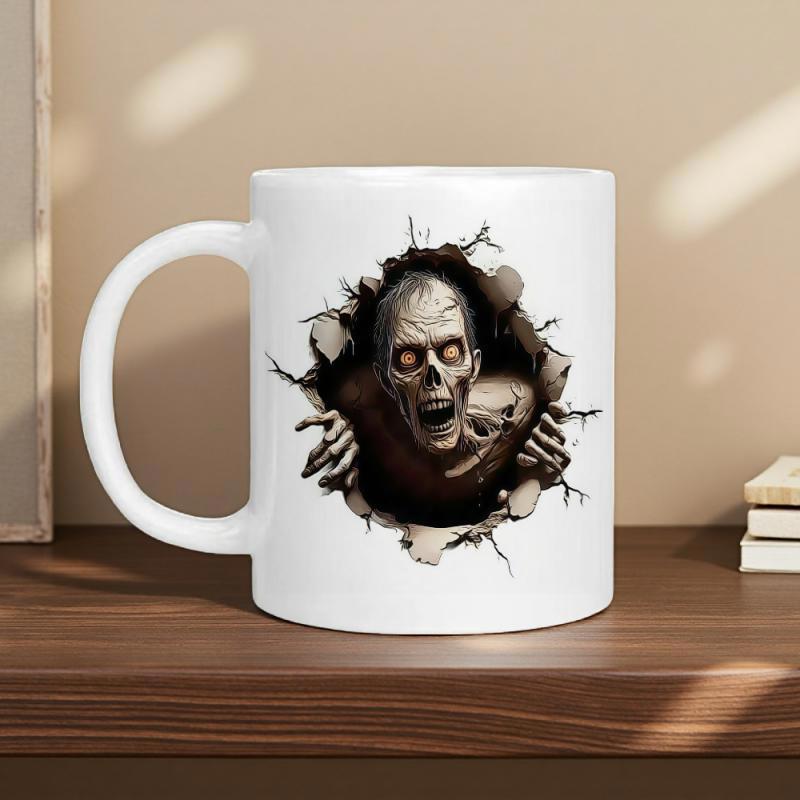 Tailorly White Ceramic 11 oz Mug - Terrifying Undead Creature Breaking Through Shattered White Surface With Reaching Bony Claws Zombie