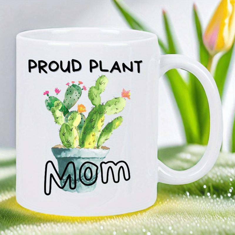 Tailorly White Ceramic 11 oz Mug - Proud Plant Mom Vibrant Green Watercolor Potted Desert Plant With Small Delicate Blooming Flowers Cactus