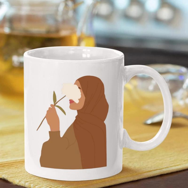 Tailorly White Ceramic 11 oz Mug - Elegant Minimalist Faceless Muslim Lady Wearing Hijab Smelling A Delicate Petal Woman