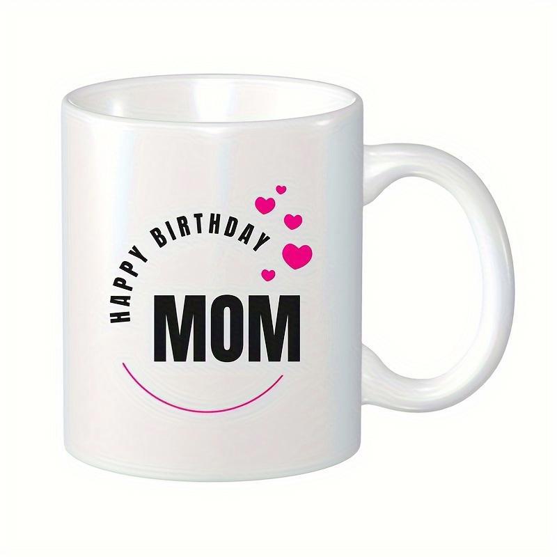 Tailorly White Ceramic 11 oz Mug - Happy Birthday Mom Pink Floating Hearts With Minimalist Cheerful Smile Line Mug