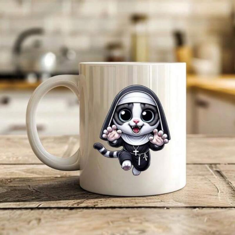 Tailorly White Ceramic 11 oz Mug - Playful Little Kitten In Nun Outfit With Cross Necklace Jumping Cat