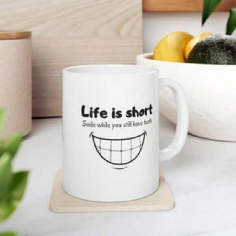 Tailorly White Ceramic 11 oz Mug - Life Is Short Smile While You Still Have Teeth Simple Line Art Grinning Mouth With Grid Pattern Visible Teeth Smile