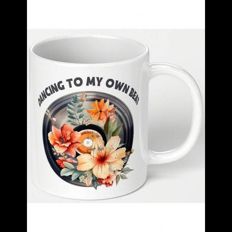 Tailorly White Ceramic 11 oz Mug - Dancing To My Own Beat Classic Black Vinyl Disc Embellished With Watercolor Tropical Flowers And Leaves Record