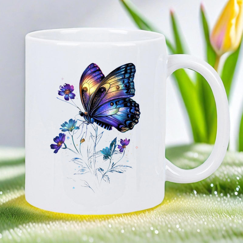 Tailorly White Ceramic 11 oz Mug - Vibrant Purple And Blue Wings Resting Gently On Delicate Spring Flowers Butterfly