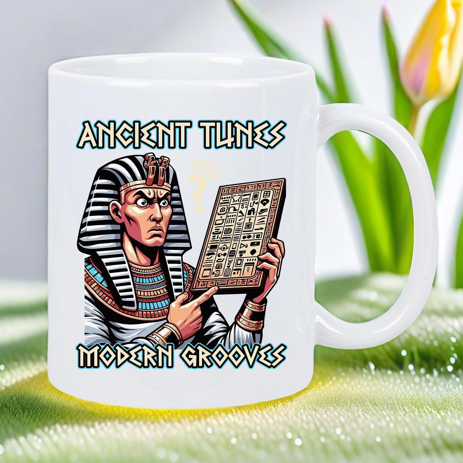 Tailorly White Ceramic 11 oz Mug - Ancient Tunes Modern Grooves Stylized Egyptian Pharaoh Holding A Stone Tablet With Musical Hieroglyphs Pharaoh