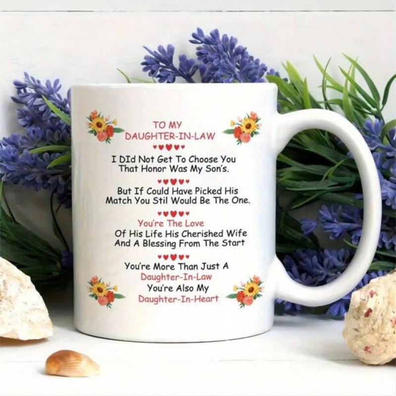Tailorly White Ceramic 11 oz Mug - To My Daughter In Law Vibrant Sunflowers And Delicate Red Hearts On A Pure
