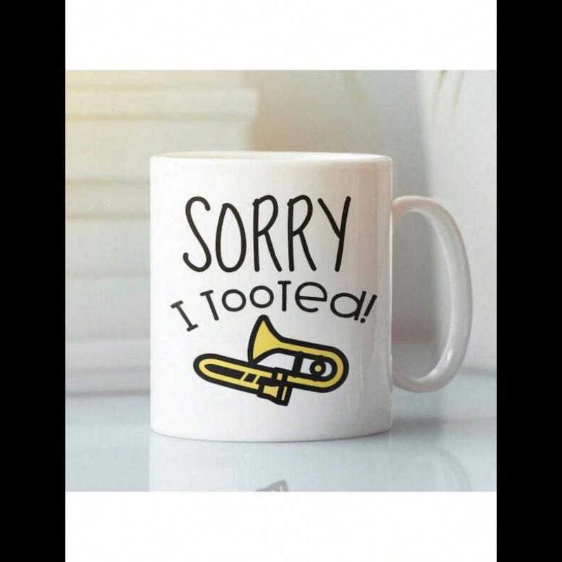 Tailorly White Ceramic 11 oz Mug - Sorry I Tooted Yellow Cartoon Musical Instrument With Black Outlines On White Surface Trombone