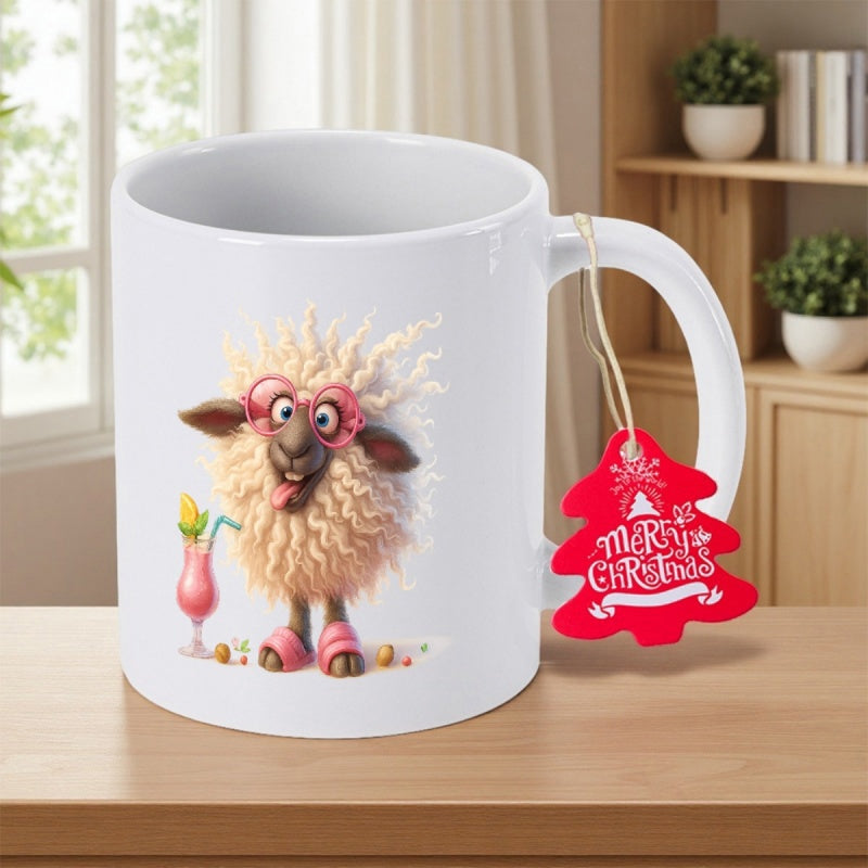 Tailorly White Ceramic 11 oz Mug - Merry Christmas Fluffy Cartoon Animal Wearing Pink Heart Shaped Glasses Drinking Cocktail Sheep