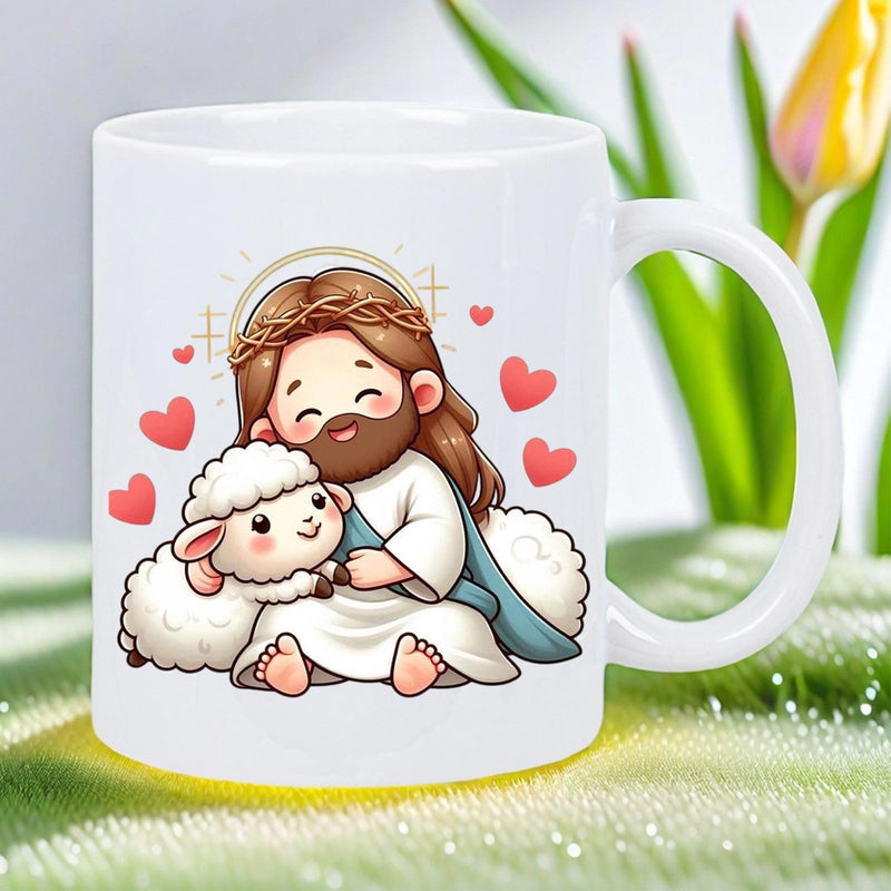 Tailorly White Ceramic 11 oz Mug - Cute Smiling Lamb Cradled Within Loving Arms Of A Cartoon Jesus