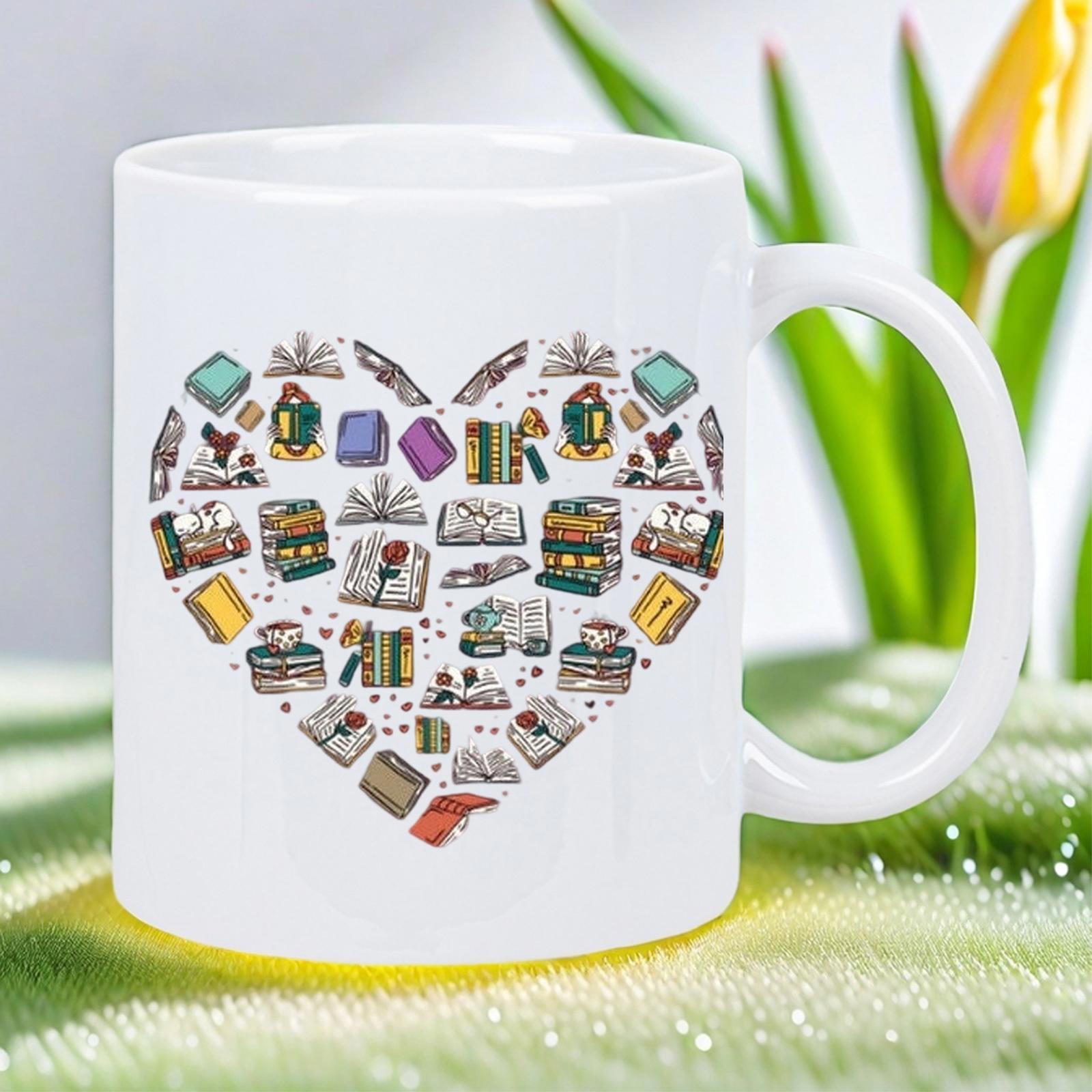 Tailorly White Ceramic 11 oz Mug - Vintage Style Books And Academic Icons Forming A Symbolic Educational Love Heart