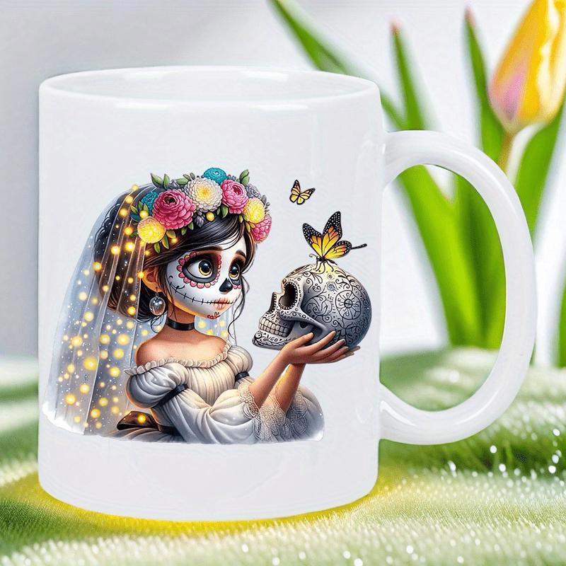 Tailorly White Ceramic 11 oz Mug - Artistic Sugar Skull Bride With Vibrant Flower Crown Holding Butterfly Skull