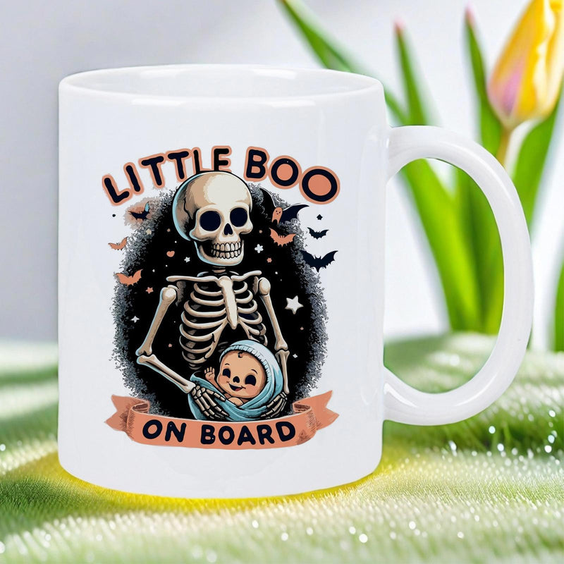 Tailorly White Ceramic 11 oz Mug - Little Boo On Board Handcrafted Skeleton Holding A Tiny Baby Among Flying Bats And Stars Skeleton