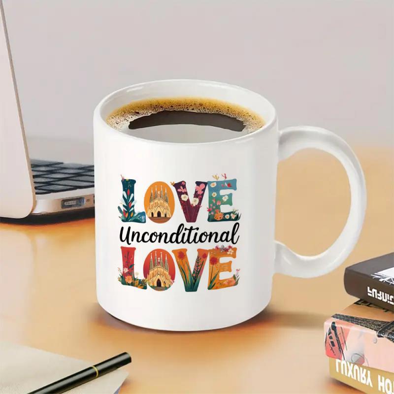Tailorly White Ceramic 11 oz Mug - Love Unconditional Love Vibrant Floral Patterned Letters Representing Nature Among Elegant Script Font Mug