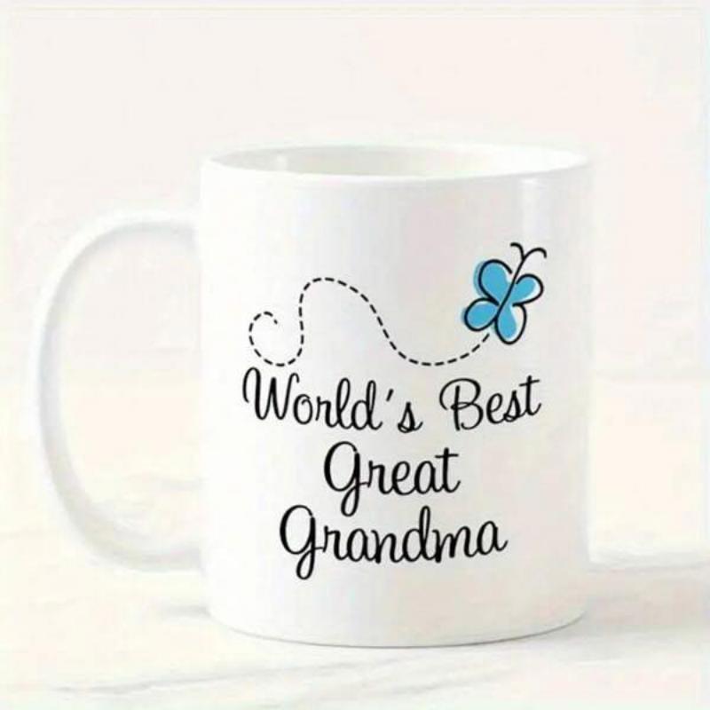 Tailorly White Ceramic 11 oz Mug - World's Best Great Grandma Delicate Blue Wings Flying Along A Swirly Dotted Line Butterfly