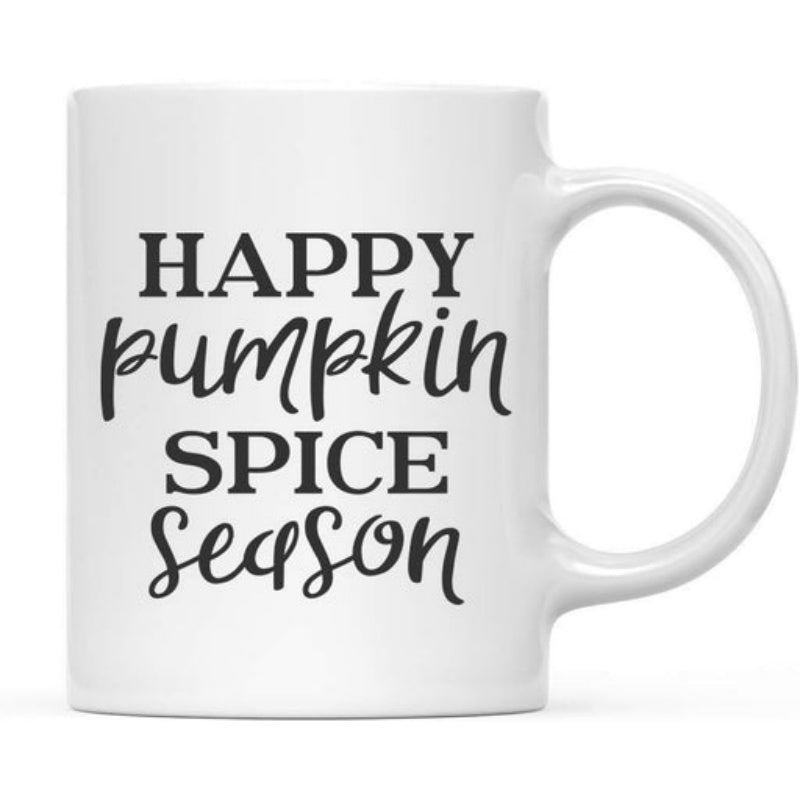 Tailorly White Ceramic 11 oz Mug - Happy Pumpkin Spice Season Clean White Ceramic Background Featuring Elegant Minimalist Seasonal Script Typography Mug