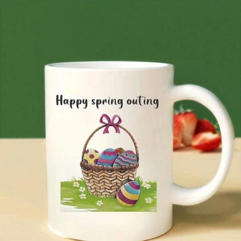 Tailorly White Ceramic 11 oz Mug - Happy Spring Outing Classic Woven Container Filled With Many Colorful Patterned Painted Easter Eggs Basket
