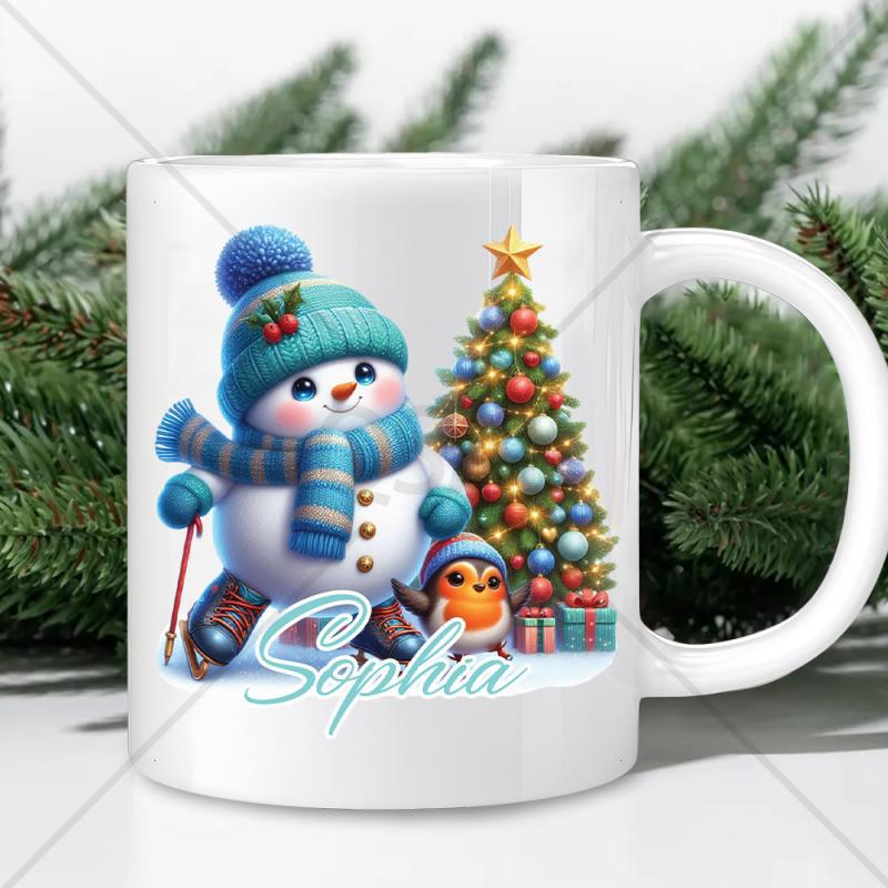 Tailorly White Ceramic 11 oz Mug - Sophia Adorable Smiling Winter Character Skating Beside Decorated Festive Glowing Holiday Tree Snowman