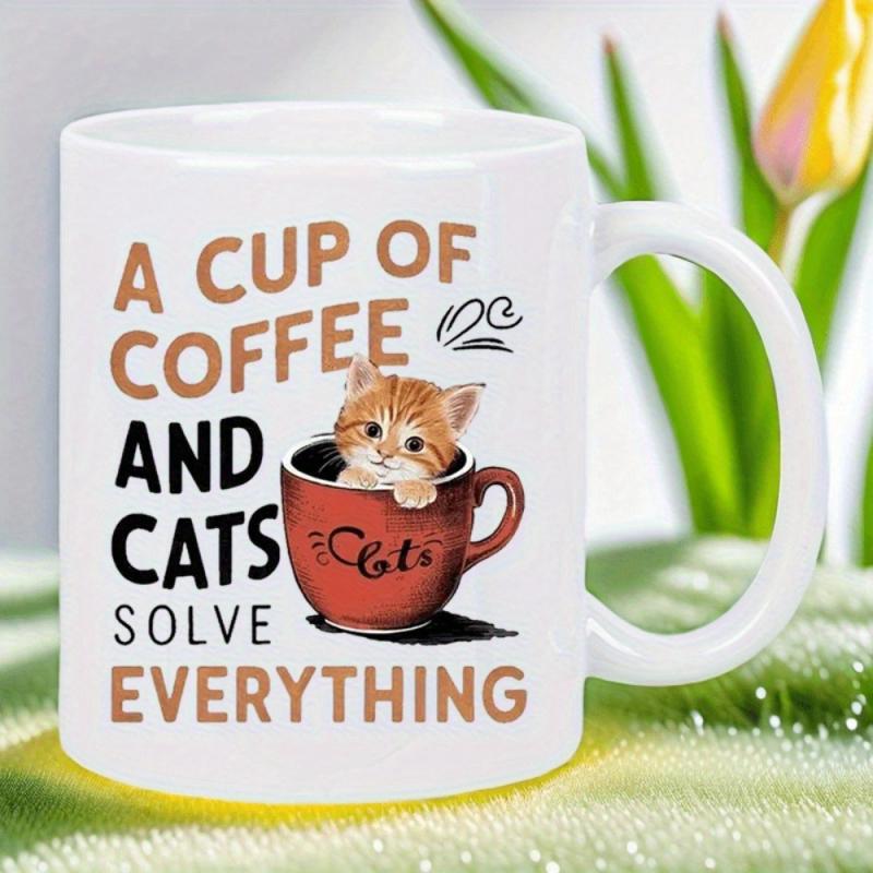 Tailorly White Ceramic 11 oz Mug - A Cup Of Coffee And Cats Solve Everything Charming Ginger Tabby Peeking Out From A Small Warm Red Mug Kitten