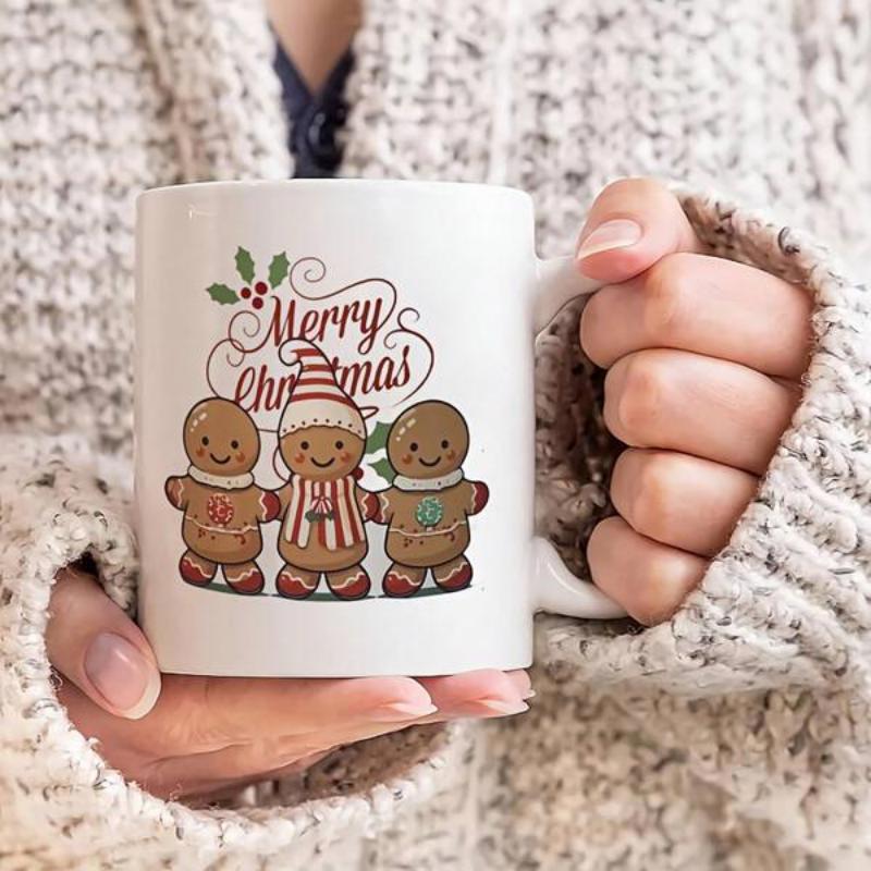 Tailorly White Ceramic 11 oz Mug - Merry Christmas Three Adorable Festive Cookies Wearing Striped Hats And Scarves Gingerbread Man