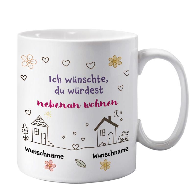 Tailorly White Ceramic 11 oz Mug - Minimalist Line Art Drawing With Tiny Hearts And Small Neighborhood Flower House