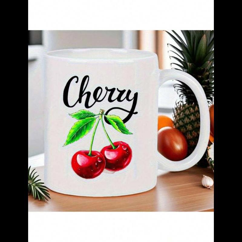 Tailorly White Ceramic 11 oz Mug - Cherry Vibrant Red Summer Fruit Hanging From A Delicate Green Leafy Stem Cherry
