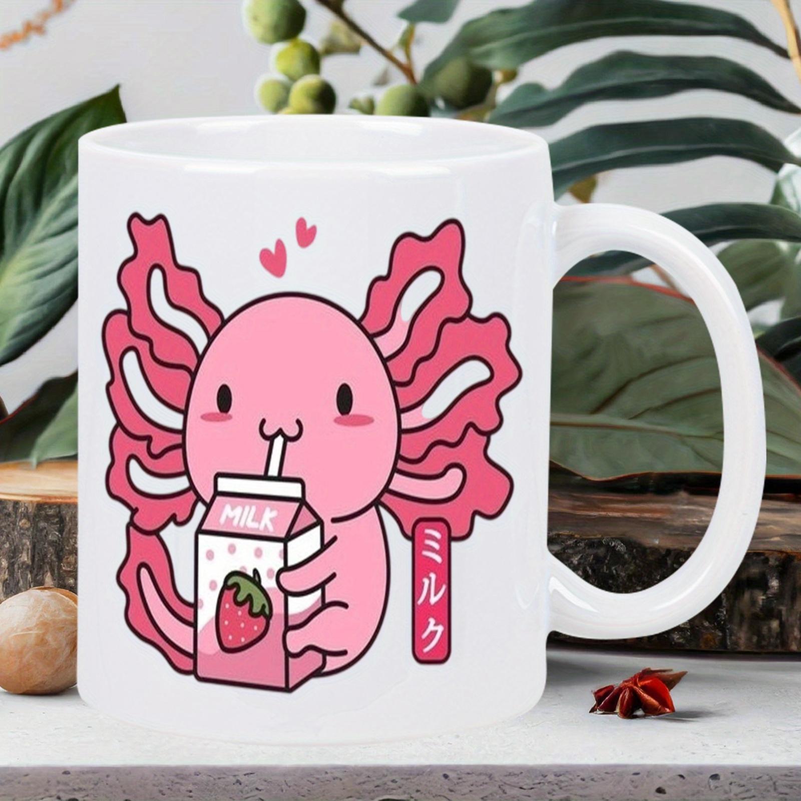 Tailorly White Ceramic 11 oz Mug - Milk Adorable Pink Cartoon Creature Sipping From A Strawberry Milk Carton Axolotl