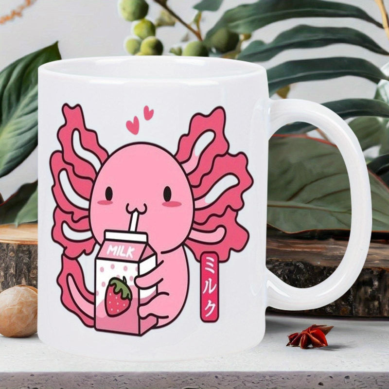 Tailorly White Ceramic 11 oz Mug - Milk Adorable Pink Cartoon Creature Sipping From A Strawberry Milk Carton Axolotl