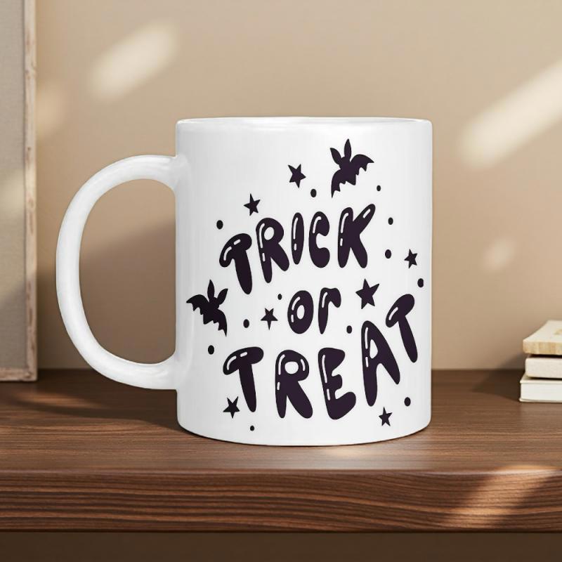 Tailorly White Ceramic 11 oz Mug - Trick Or Treat Playful Spooky Flying Mammals With Tiny Twinkling Stars In Night Bat