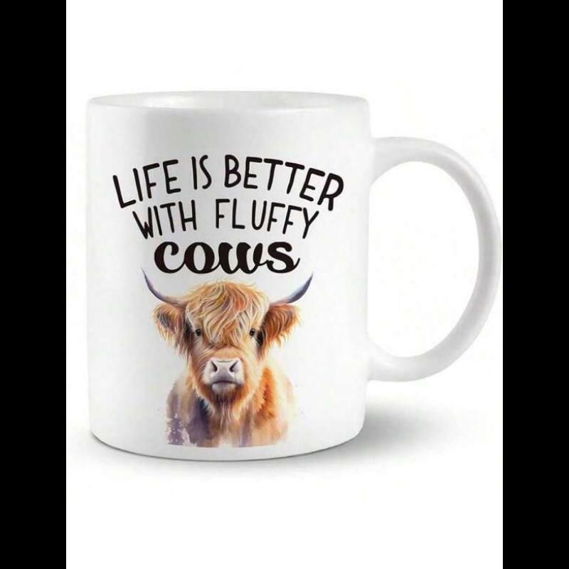 Tailorly White Ceramic 11 oz Mug - Life Is Better With Fluffy Cows Rustic Farmhouse Style Featuring Long Hair And Sharp Horns Cow