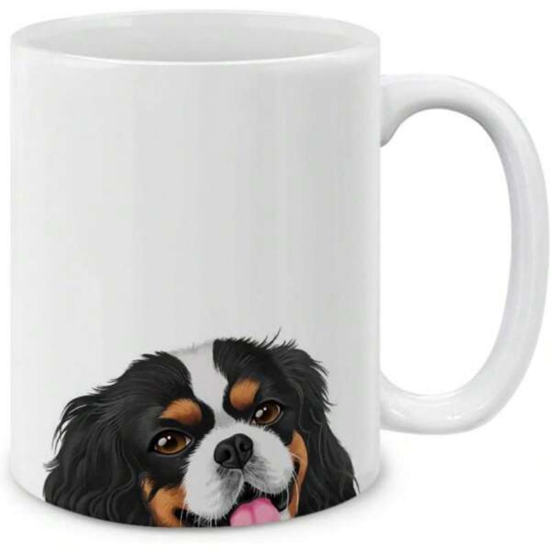 Tailorly White Ceramic 11 oz Mug - Charming Tri Color Cavalier King Charles Spaniel Peeking From Below Surface Dog