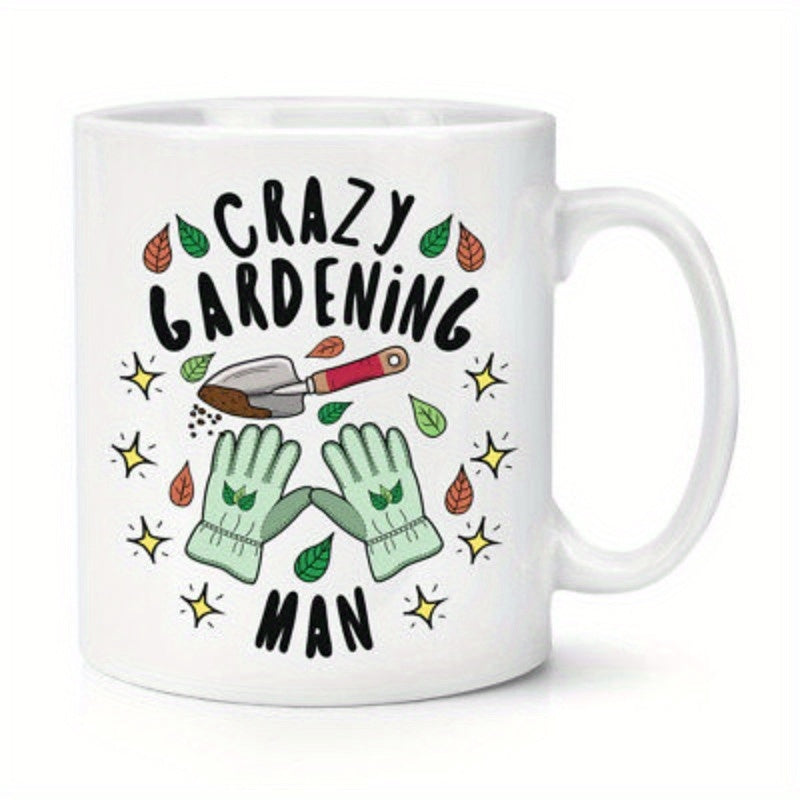 Tailorly White Ceramic 11 oz Mug - Crazy Gardening Man Garden Trowel And Gloves Surrounded By Floating Autumn Leaves And Sparkles Gardener