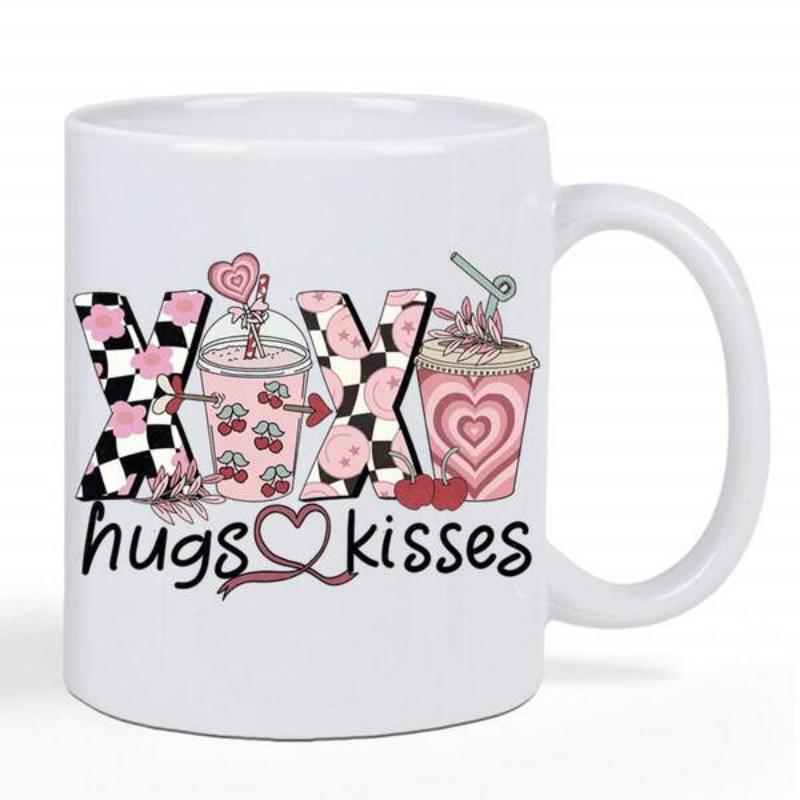 Tailorly White Ceramic 11 oz Mug - Hugs Kisses Xoxo Pink Milkshakes With Hearts And Checkered Floral Letters Mug