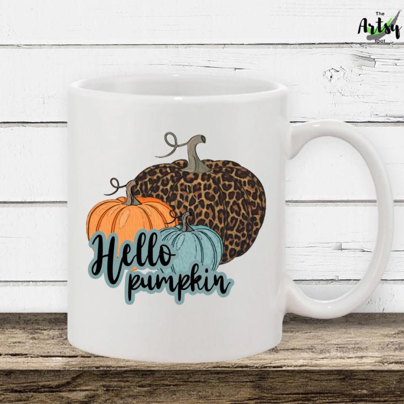 Tailorly White Ceramic 11 oz Mug - Hello Pumpkin Three Stylized Harvest Elements With Leopard Pattern And Pastel Tones Pumpkin