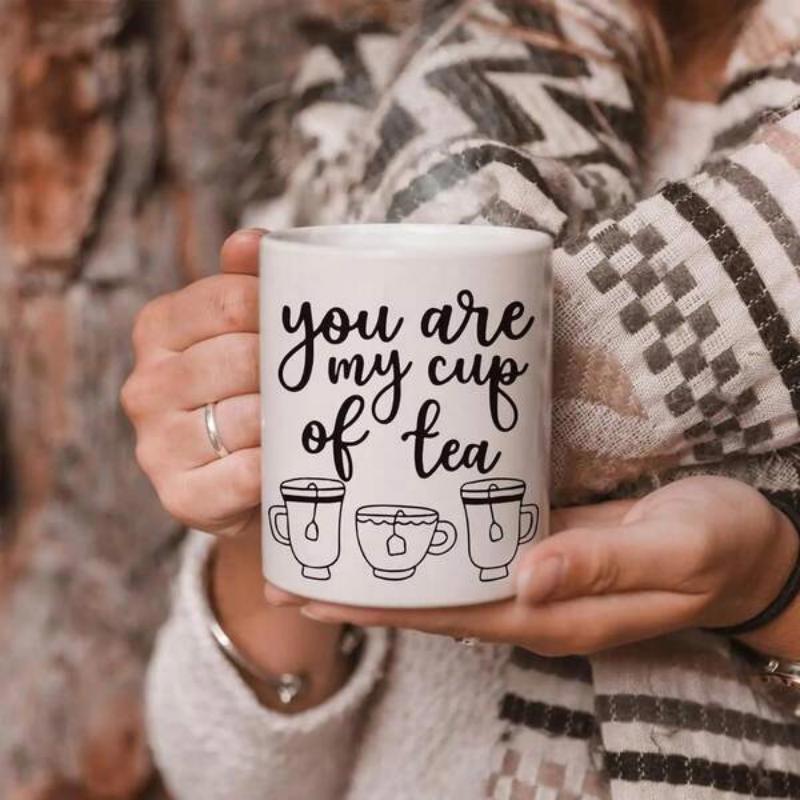 Tailorly White Ceramic 11 oz Mug - You Are My Cup Of Tea Minimalist Line Art Tea Cups Displayed Below Elegant Cursive Lettering Mug