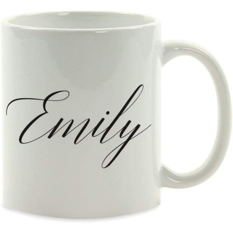 Tailorly White Ceramic 11 oz Mug - Emily Beautiful Minimalist Calligraphy Script Written Across A Clean Glossy Surface Mug