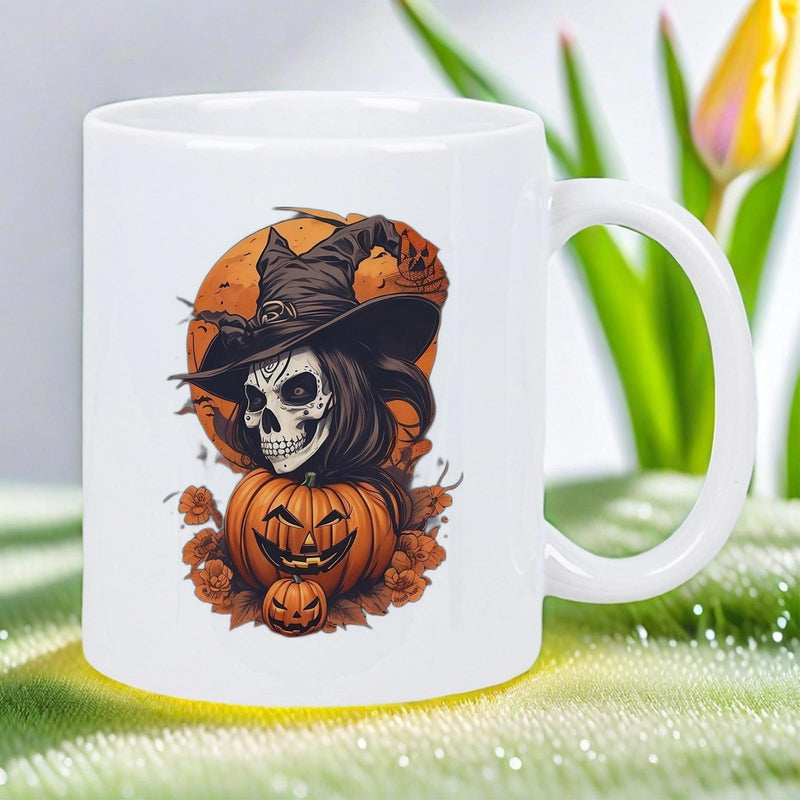 Tailorly White Ceramic 11 oz Mug - Creepy Skeleton Wearing Pointed Hat Resting On Grinning Carved Orange Pumpkin Witch