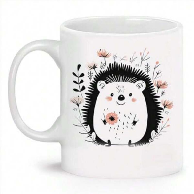 Tailorly White Ceramic 11 oz Mug - Cute Smiling Animal Holding Flower Among Delicate Botanical Floral Elements Hedgehog