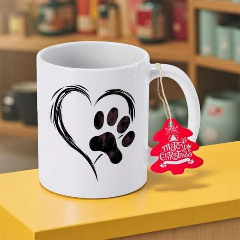 Tailorly White Ceramic 11 oz Mug - Merry Christmas Minimalist Artistic Brush Stroke Heart Combined With Pet Animal Paw