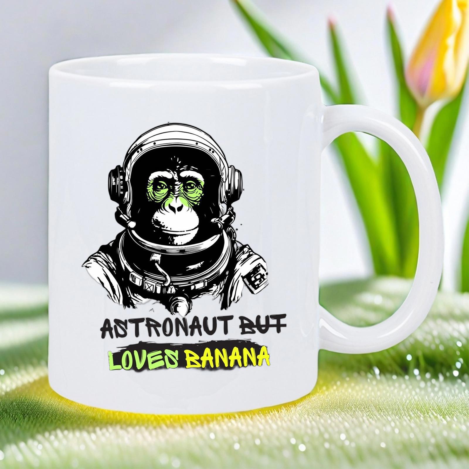 Tailorly White Ceramic 11 oz Mug - Astronaut But Lover Banana Intricate Hand Drawn Chimpanzee Wearing Detailed Space Suit Chimpanzee
